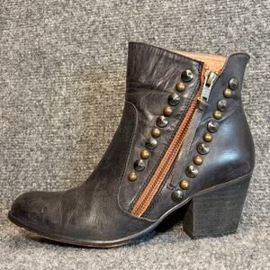 Chio Women Black Leather Gold Studded Zip Heeled Ankle Boots Booties EU 38 US 8